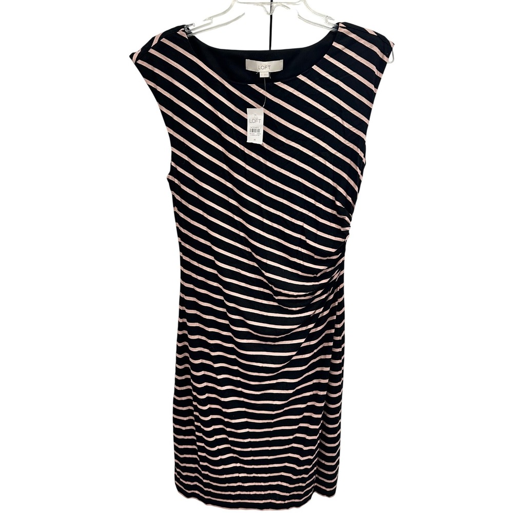 Ann Taylor LOFT Black Pink Striped Ruched Sleeveless Sheath Dress Size M